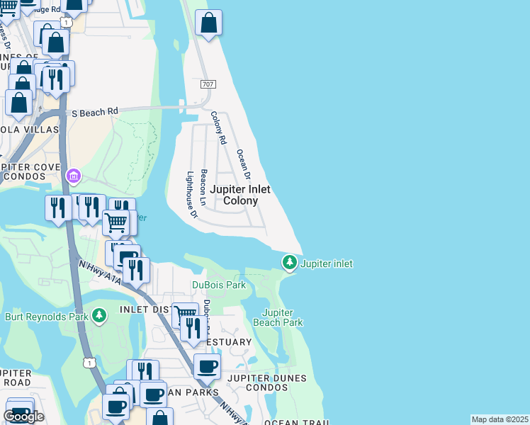 map of restaurants, bars, coffee shops, grocery stores, and more near 20 Ocean Drive in Jupiter