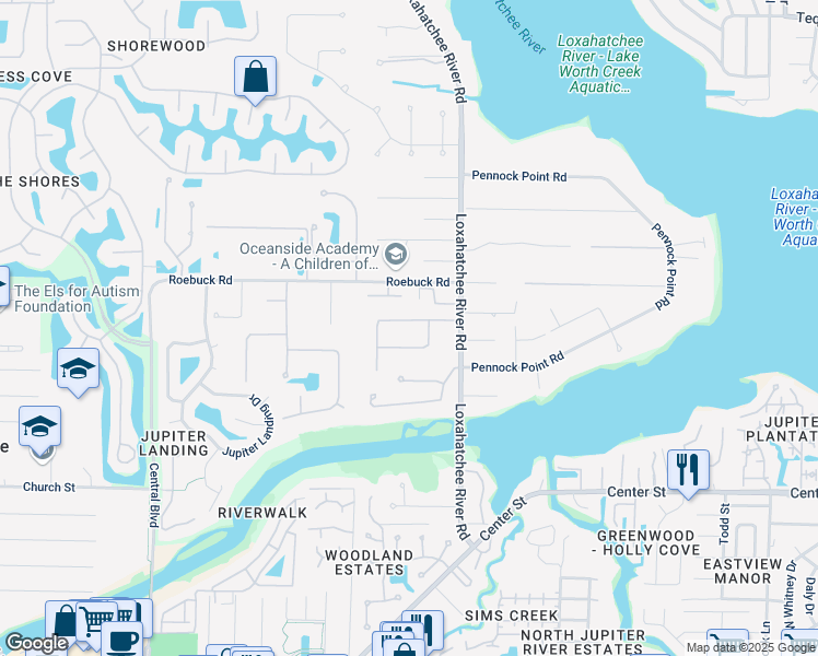 map of restaurants, bars, coffee shops, grocery stores, and more near 5816 Set-N-Sun Place in Jupiter