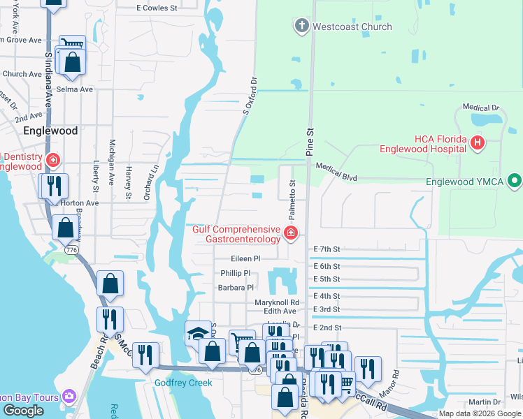 map of restaurants, bars, coffee shops, grocery stores, and more near 1600 Rossanne Place in Englewood