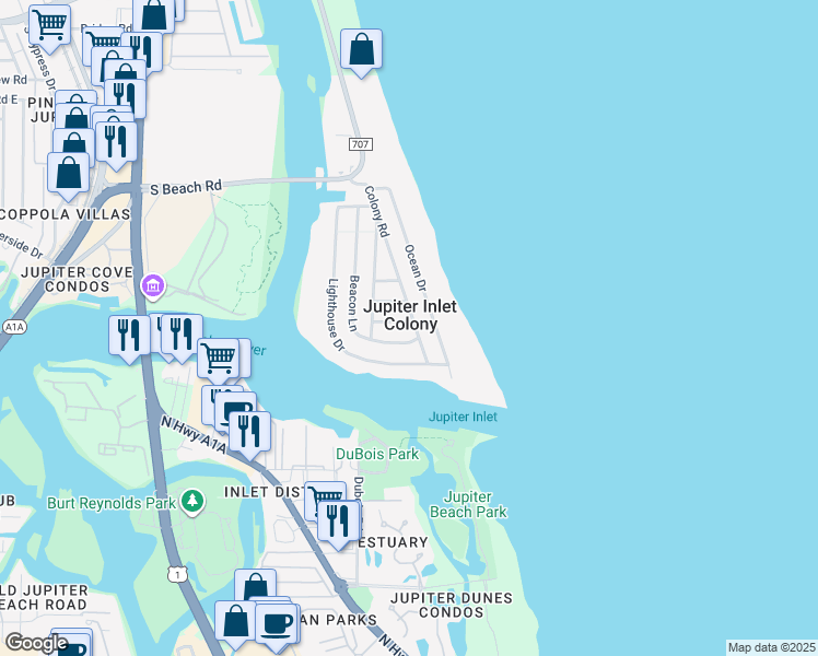 map of restaurants, bars, coffee shops, grocery stores, and more near in Jupiter Inlet Colony