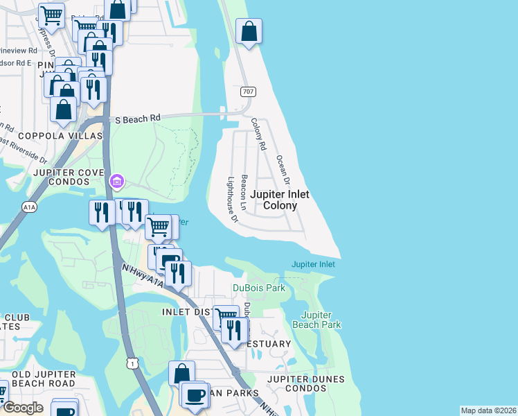 map of restaurants, bars, coffee shops, grocery stores, and more near 234 Shelter Lane in Jupiter