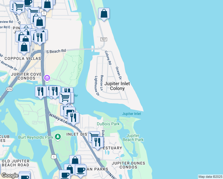 map of restaurants, bars, coffee shops, grocery stores, and more near in Jupiter Inlet Colony