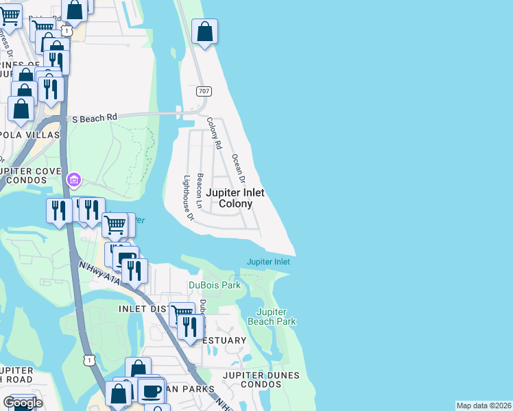 map of restaurants, bars, coffee shops, grocery stores, and more near 20 Ocean Drive in Jupiter