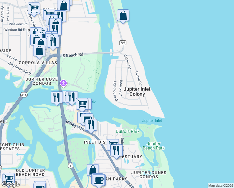 map of restaurants, bars, coffee shops, grocery stores, and more near 124 Lighthouse Drive in Jupiter