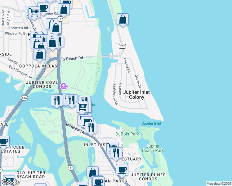 map of restaurants, bars, coffee shops, grocery stores, and more near 124 Lighthouse Drive in Jupiter