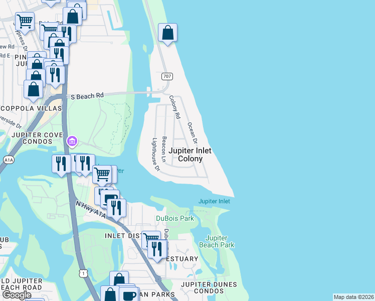 map of restaurants, bars, coffee shops, grocery stores, and more near in Jupiter Inlet Colony