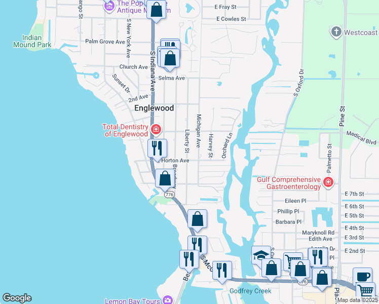 map of restaurants, bars, coffee shops, grocery stores, and more near 747 Liberty Street in Englewood