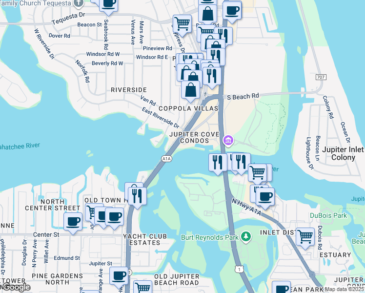 map of restaurants, bars, coffee shops, grocery stores, and more near 1542 Jupiter Cove Drive in Jupiter