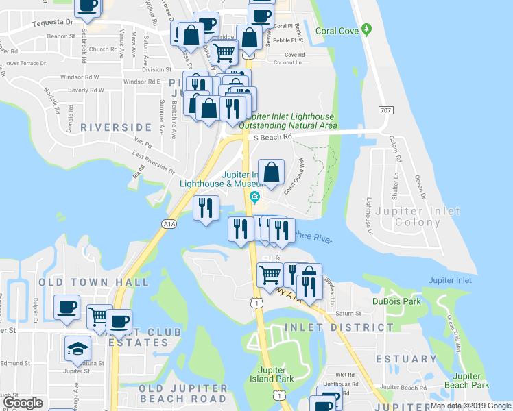 map of restaurants, bars, coffee shops, grocery stores, and more near 500 Captain Armours Way in Jupiter