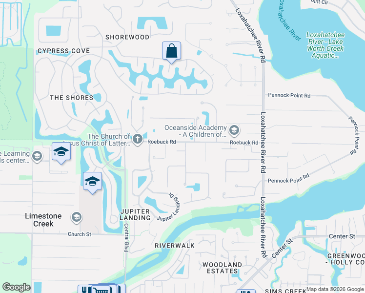 map of restaurants, bars, coffee shops, grocery stores, and more near 18490 Little Oaks Drive in Jupiter