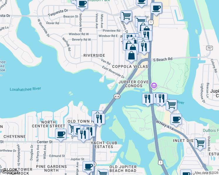 map of restaurants, bars, coffee shops, grocery stores, and more near 1304 Peninsular Road in Jupiter