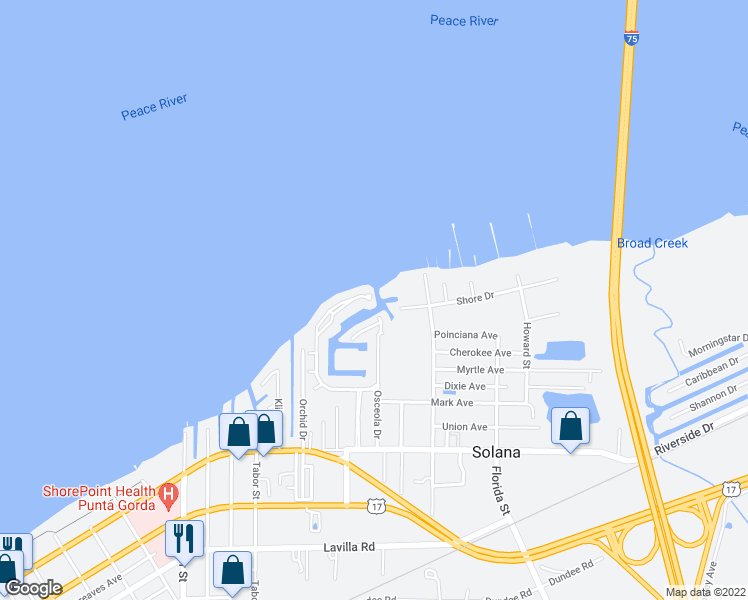 map of restaurants, bars, coffee shops, grocery stores, and more near 25357 Shore Drive in Punta Gorda