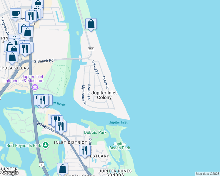 map of restaurants, bars, coffee shops, grocery stores, and more near 15 Ocean Drive in Jupiter