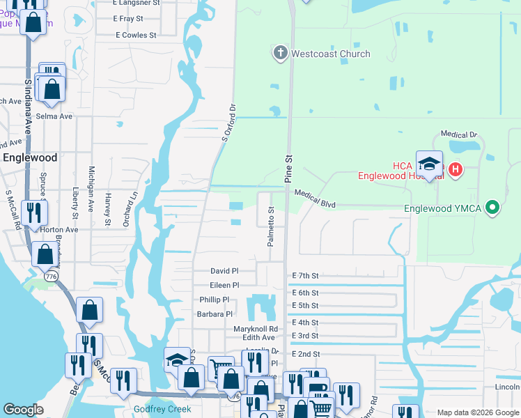 map of restaurants, bars, coffee shops, grocery stores, and more near 1651 Oxford Heights Court in Englewood