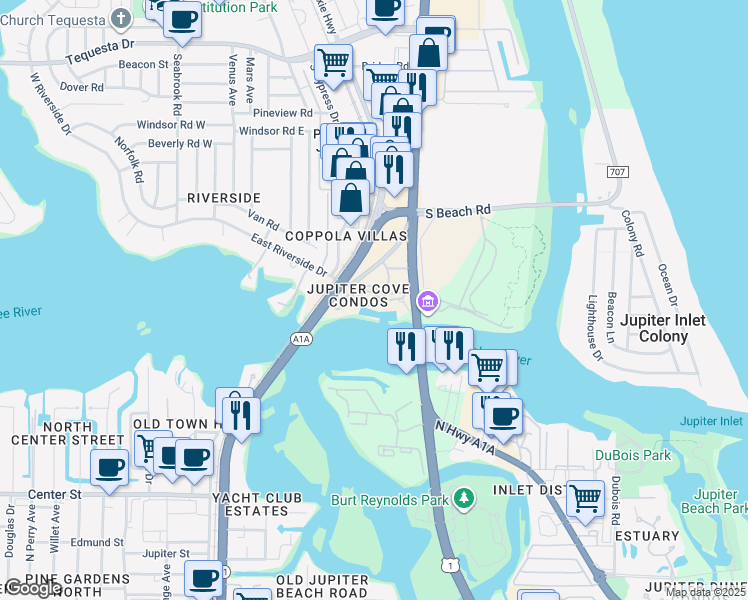 map of restaurants, bars, coffee shops, grocery stores, and more near 1748 Jupiter Cove Drive in Jupiter