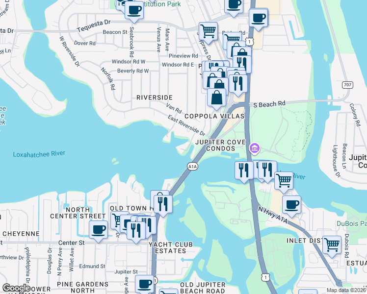 map of restaurants, bars, coffee shops, grocery stores, and more near 1304 Peninsular Road in Jupiter