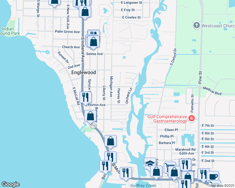 map of restaurants, bars, coffee shops, grocery stores, and more near 740 Harvey Street in Englewood