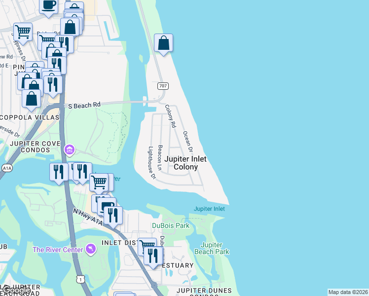 map of restaurants, bars, coffee shops, grocery stores, and more near 63 Colony Road in Jupiter