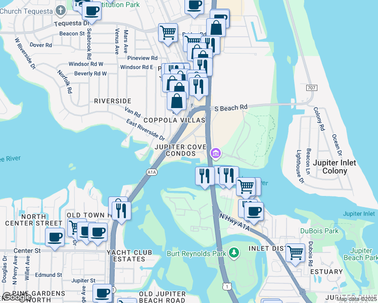 map of restaurants, bars, coffee shops, grocery stores, and more near 1748 Jupiter Cove Drive in Jupiter