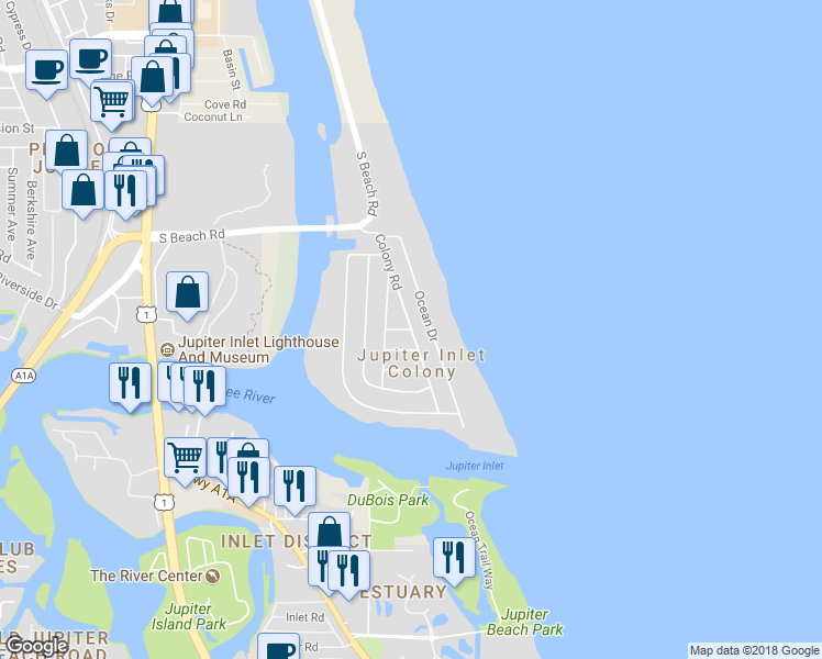 map of restaurants, bars, coffee shops, grocery stores, and more near 210 Colony Road in Jupiter