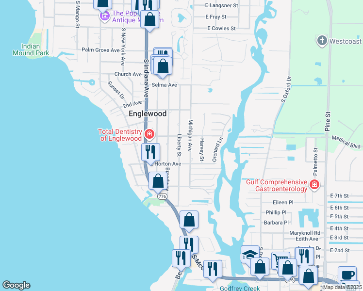 map of restaurants, bars, coffee shops, grocery stores, and more near 747 Liberty Street in Englewood