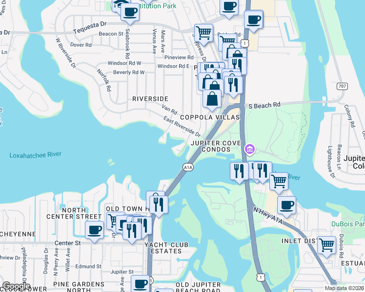 map of restaurants, bars, coffee shops, grocery stores, and more near 1304 Peninsular Road in Jupiter