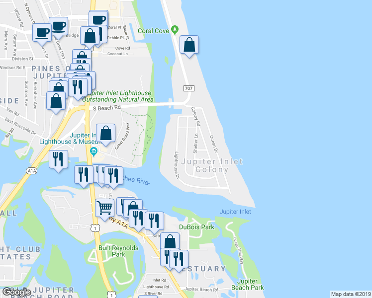 map of restaurants, bars, coffee shops, grocery stores, and more near 173 Beacon Lane in Jupiter