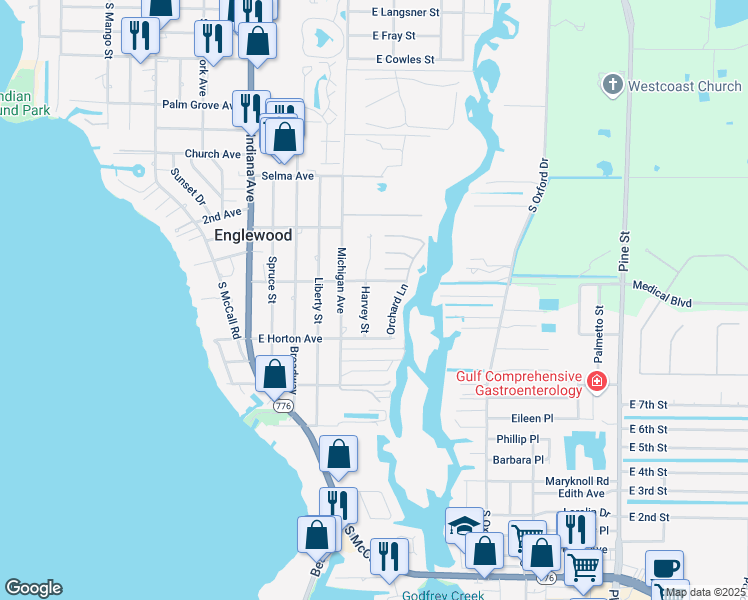 map of restaurants, bars, coffee shops, grocery stores, and more near 740 Harvey Street in Englewood
