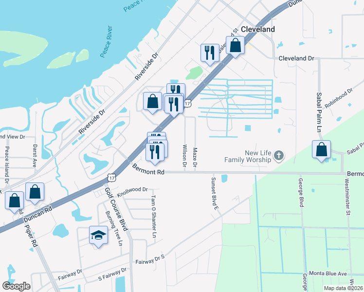 map of restaurants, bars, coffee shops, grocery stores, and more near 5463 Wilson Drive in Punta Gorda