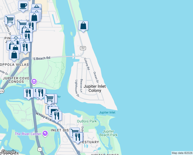 map of restaurants, bars, coffee shops, grocery stores, and more near 63 Colony Road in Jupiter
