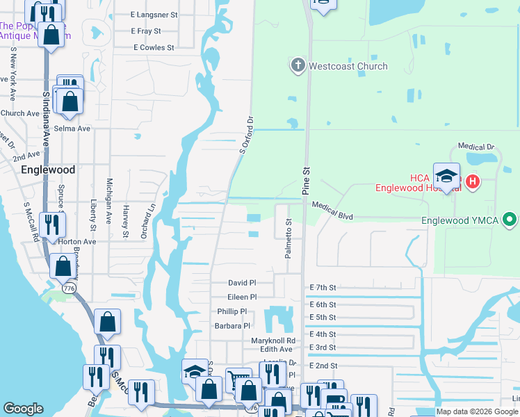 map of restaurants, bars, coffee shops, grocery stores, and more near 1651 Oxford Heights Court in Englewood