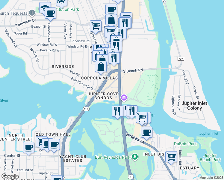 map of restaurants, bars, coffee shops, grocery stores, and more near 1153 Jupiter Cove Drive in Jupiter