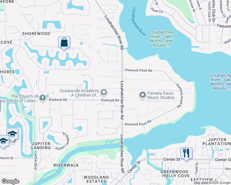 map of restaurants, bars, coffee shops, grocery stores, and more near 5797 Urdea Road in Jupiter