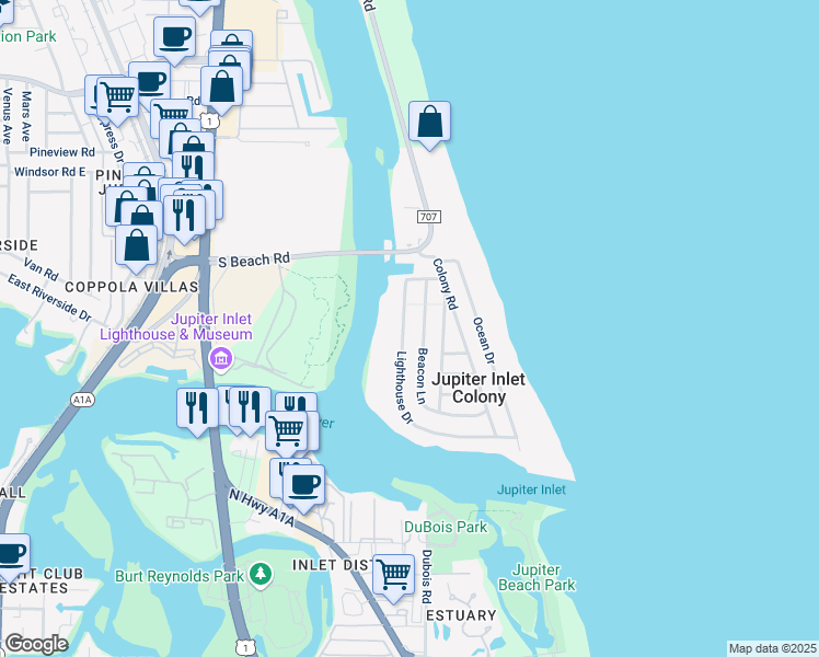 map of restaurants, bars, coffee shops, grocery stores, and more near 114 Lighthouse Drive in Jupiter