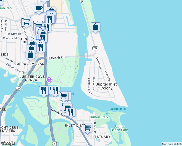 map of restaurants, bars, coffee shops, grocery stores, and more near 114 Lighthouse Drive in Jupiter