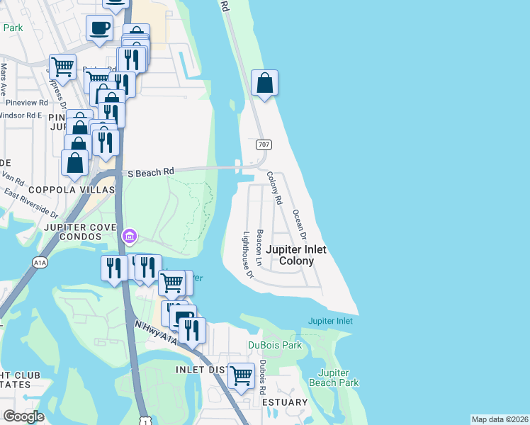 map of restaurants, bars, coffee shops, grocery stores, and more near 196 Shelter Lane in Jupiter