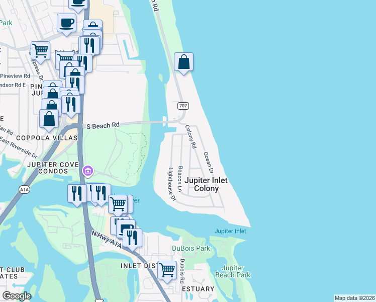 map of restaurants, bars, coffee shops, grocery stores, and more near 196 Shelter Lane in Jupiter
