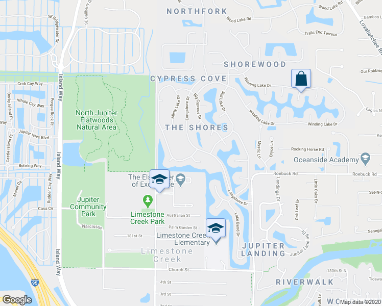 map of restaurants, bars, coffee shops, grocery stores, and more near 18520 Misty Lake Drive in Jupiter
