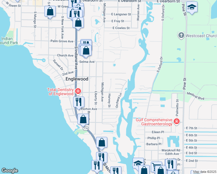 map of restaurants, bars, coffee shops, grocery stores, and more near 680 Harvey Street in Englewood