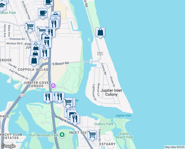 map of restaurants, bars, coffee shops, grocery stores, and more near 104 Lighthouse Drive in Jupiter