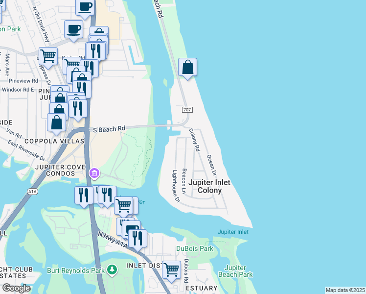 map of restaurants, bars, coffee shops, grocery stores, and more near 104 Lighthouse Drive in Jupiter