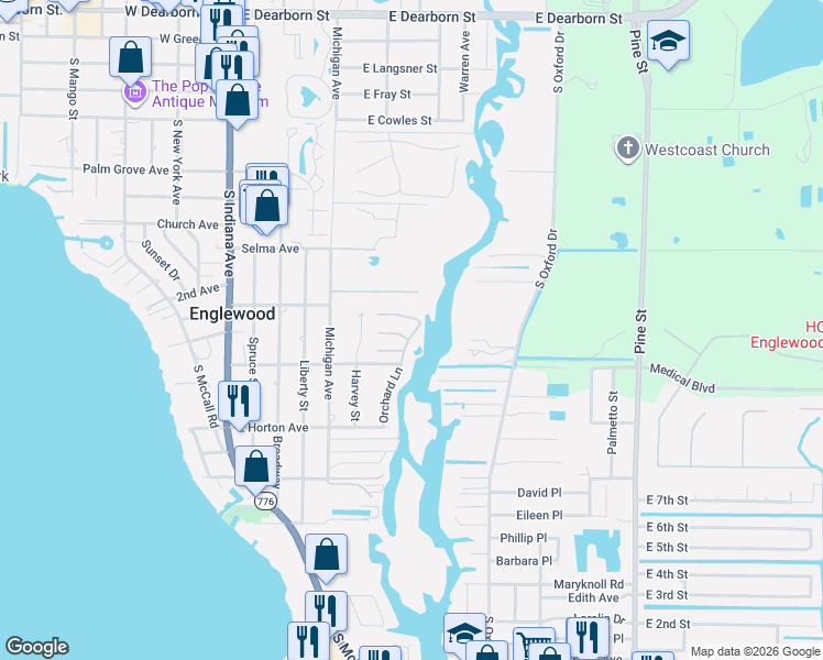 map of restaurants, bars, coffee shops, grocery stores, and more near 701 Orchard Lane in Englewood