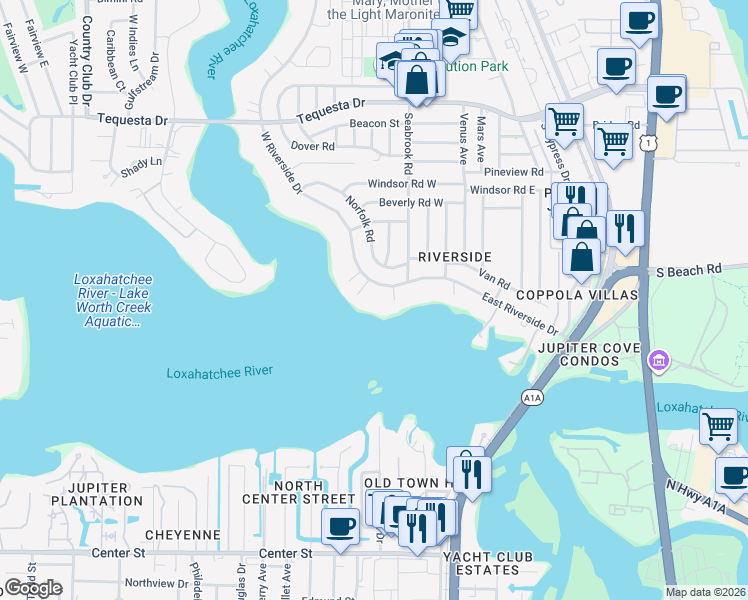 map of restaurants, bars, coffee shops, grocery stores, and more near 114 West Riverside Drive in Jupiter