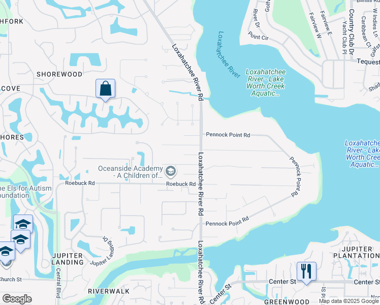 map of restaurants, bars, coffee shops, grocery stores, and more near 5807 Sullivan Road in Jupiter