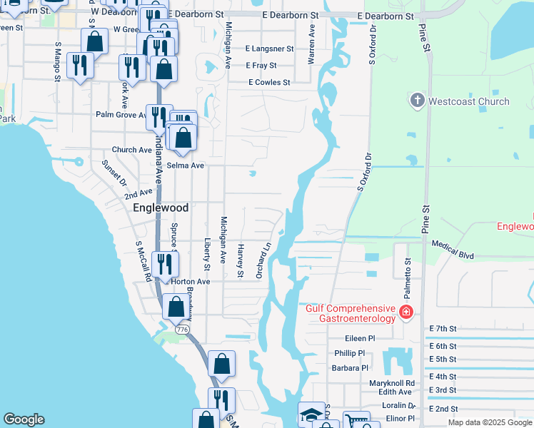 map of restaurants, bars, coffee shops, grocery stores, and more near 643 Harvey Street in Englewood