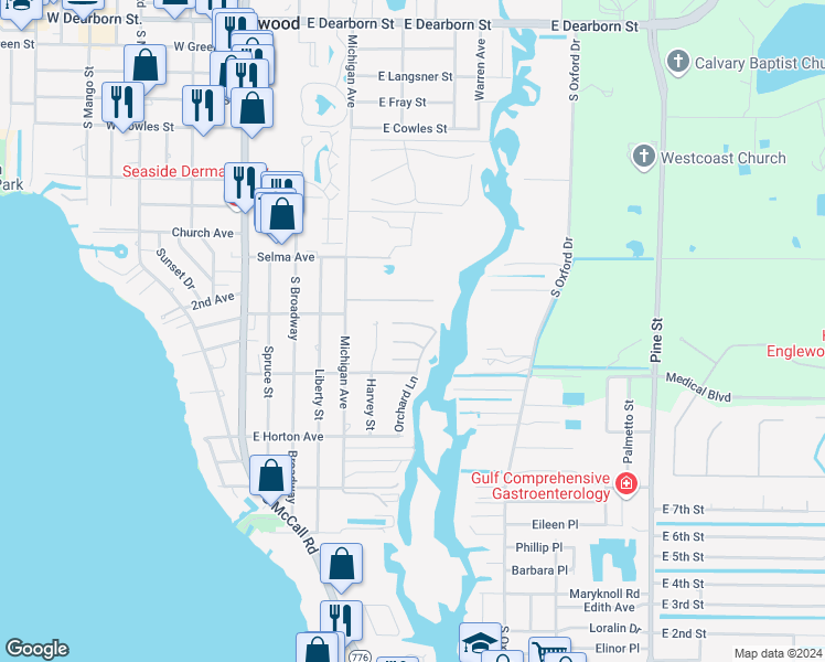 map of restaurants, bars, coffee shops, grocery stores, and more near 643 Harvey Street in Englewood