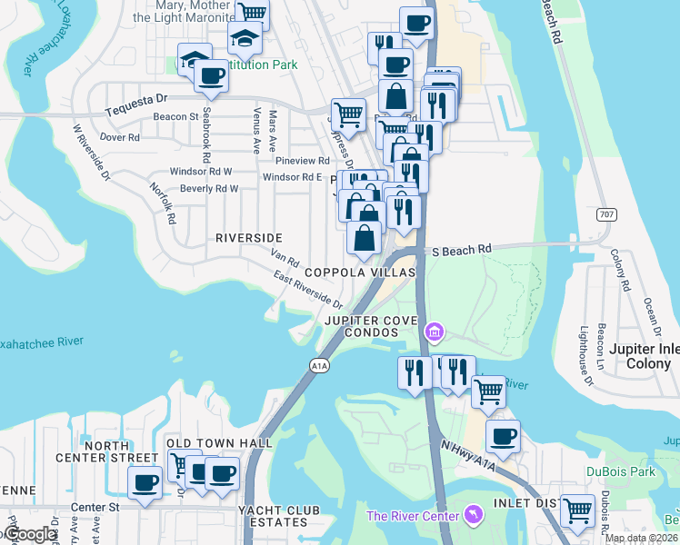 map of restaurants, bars, coffee shops, grocery stores, and more near 141 East Riverside Drive in Jupiter