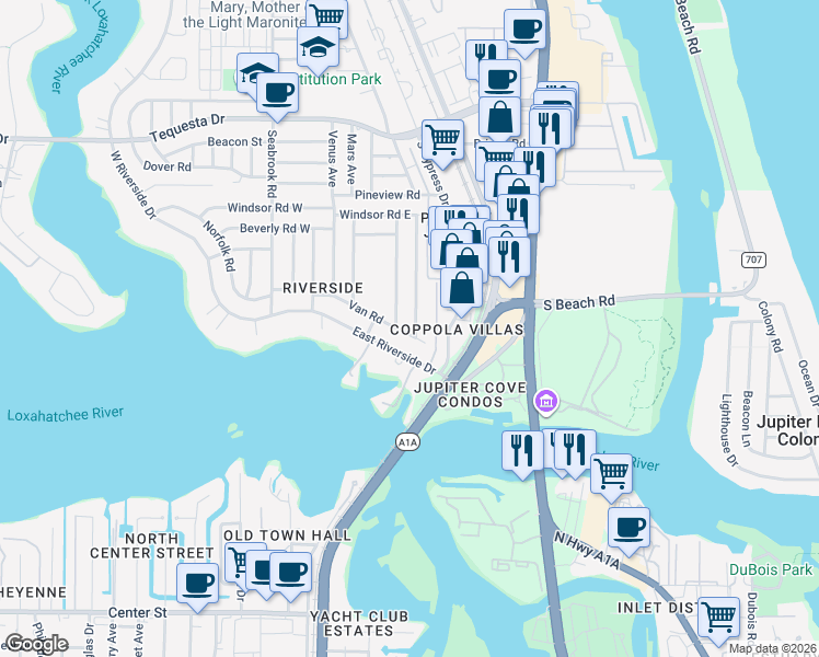 map of restaurants, bars, coffee shops, grocery stores, and more near 1420 Berkshire Avenue in Jupiter