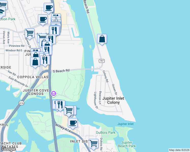 map of restaurants, bars, coffee shops, grocery stores, and more near 46 South Beach Road in Tequesta