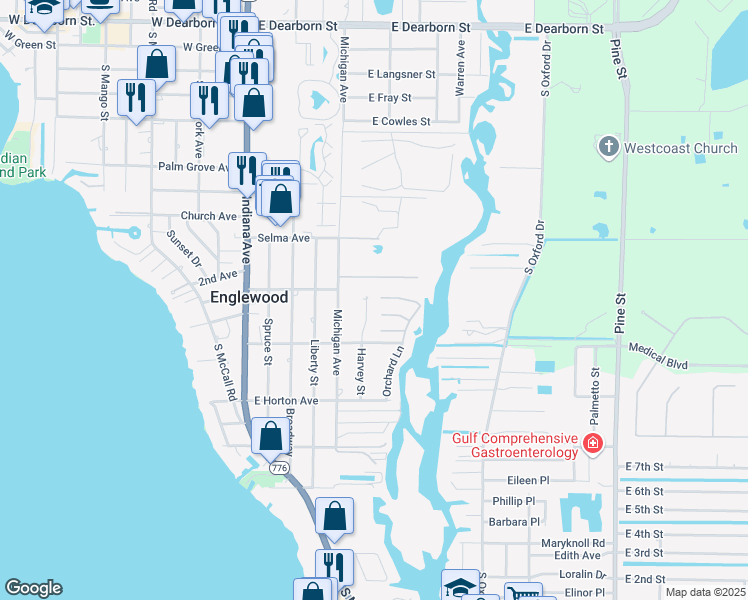 map of restaurants, bars, coffee shops, grocery stores, and more near 643 Harvey Street in Englewood